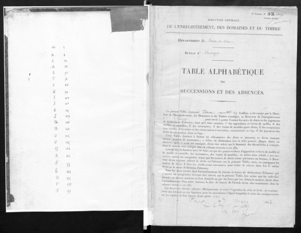 ETAMPES, bureau de l'enregistrement. - Table alphabétiques des successions et des absences, vol.19 (01/01/1873-31/12/1882). 