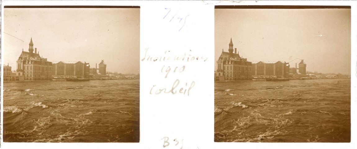 Prêt Poincet - Corbeil-Essonnes, inondations de la Seine : plaques de verre stéréoscopiques (janvier 1910).