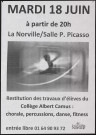 LA NORVILLE. - Mardi 18 juin à partir de 20h 00, LA NORVILLE salle Pablo Picasso, restitution des travaux d'élèves du collège Albert Camus : chorale, percussions, danse. 