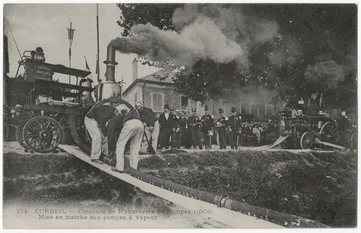 CORBEIL-ESSONNES. - Concours de manoeuvres de pompes (1906). Mise en marche des pompes à vapeur, Mardelet. 