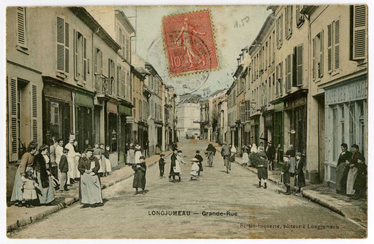 LONGJUMEAU. - Grande-Rue. Bertin Esquerre, (1906), 10 c, ad., coloriée. 