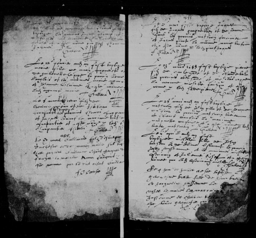 ATHIS-MONS. - Registres paroissiaux de la paroisse Saint-Denis d'Athis : baptêmes [1588-1594, 1628-1670], mariages [1629-1670], sépultures [1628-1662], baptêmes, mariages, sépultures [1691-1709] ; registres paroissiaux de la paroisse d'Athis-Mons : baptêmes, mariages, sépultures [1710-1716, 1729-1730] [documents originaux conservés aux Archives municipales d'Athis-Mons]. 