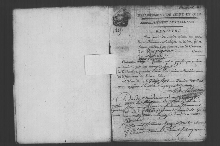 VAUGRIGNEUSE. Naissances, mariages, décès : registre d'état civil (an XIV-1813). 