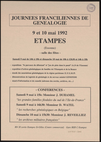 ETAMPES.- Journées franciliennes de généalogie : conférences, Salle des fêtes, 9 mai-10 mai 1992. 