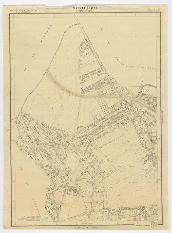 Plan topographique régulier de MONTGERON dressé et dessiné par M. LAMBERT, géomètre, vérifié par M. MERIOT, ingénieur-géomètre, feuille 1, Ministère de la Reconstruction et de l'Urbanisme, 1946. Ech. 1/2.000. N et B. Dim. 1,10 x 0,81. 