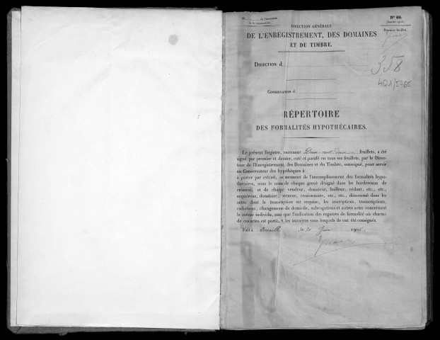 Conservation des hypothèques de CORBEIL. - Répertoire des formalités hypothécaires, volume n° 358 : A-Z (registre ouvert en 1906). 