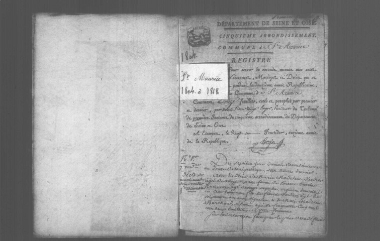 SAINT-MAURICE-MONTCOURONNE. Naissances, mariages, décès : registre d'état civil (an XIV-1818). 