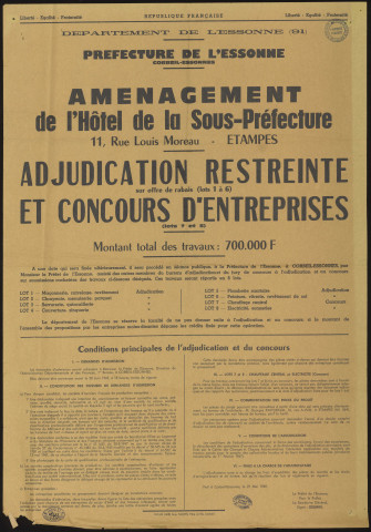 ETAMPES. - Adjudication restreinte et concours d'entreprises pour l'aménagement de l'Hôtel de la sous-préfecture, rue Louis Moreau, 27 mai 1969. 