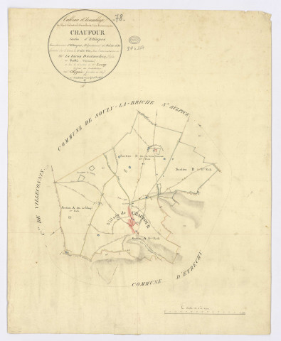 CHAUFFOUR-LES-ETRECHY. - Plan d'assemblage, ech. 1/10000, coul., aquarelle, papier, 62x49 (1824). 