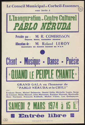 CORBEIL-ESSONNES.- Inauguration du Centre culturel Pablo Néruda, 2 mars 1974. 