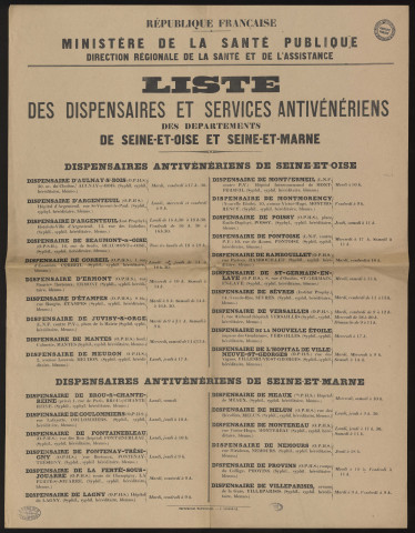 Seine-et-Oise [Département]. - Liste des dispensaires et services antivénériens des départements de Seine-et-Oise et Seine-et-Marne (1960). 