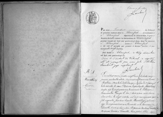 ETAMPES. Mariages : registre d'état civil (1882). 