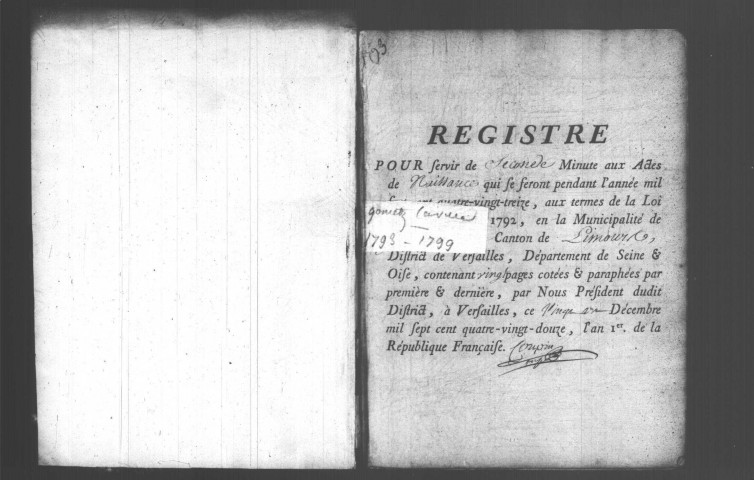 GOMETZ-LA-VILLE. Naissances, mariages, décès : registre d'état civil (1793-an VIII). [mariages (an VII et les six premiers mois de l'an VIII), voir 4E1769-1770]. 