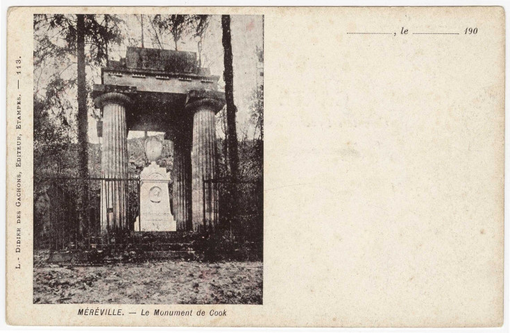 MEREVILLE. - Le monument de Cook dans le parc du château [Editeur Didier des Gachons, Etampes]. 