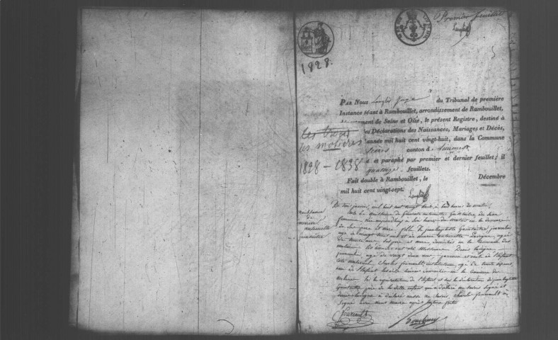 MOLIERES (LES). Naissances, mariages, décès : registre d'état civil (1828-1838). 