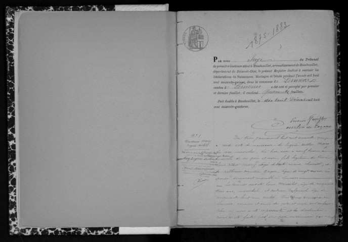 LIMOURS-EN-HUREPOIX. Naissances, mariages, décès : registre d'état civil (1875-1883). 