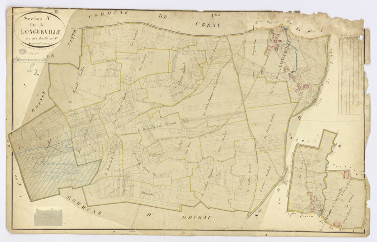 D'HUISON-LONGUEVILLE. - Section A - Longueville, ech. 1/2500, coul., aquarelle, papier, 65x102 (1817). 