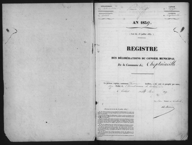 CHEPTAINVILLE. - Administration générale de la commune. - Registre des délibérations du conseil municipal [1839-janvier 1855]. 