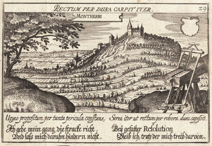 MONTLHERY. - Petite gravure allemande du 17e siècle, [s. d.], N et B. Dim. 9,5 x 14. 