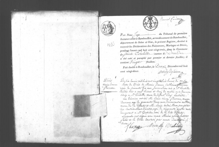 SAINT-ESCOBILLE. Naissances, mariages, décès : registre d'état civil (1823-1834). 