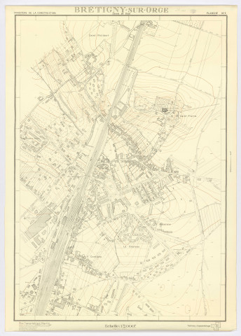 Plan topographique régulier de BRETIGNY-SUR-ORGE dressé et dessiné par M. DESCAMPS, géomètre à PARIS, établi à l'aide du plan existant, mis à jour en 1963 et complété par un levé régulier, vérifié par le Service du Cadastre, feuille 5, Ministère de la Construction, 1963. Ech. 1/2.000. N et B. Dim. 1,05 x 0,75. 