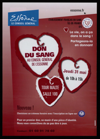 EVRY.- Don du sang au Conseil général de l'Essonne. La vie, on a ça dans le sang ! Partageons-la en donnant, Tour Malte, 31 mai 2012. 