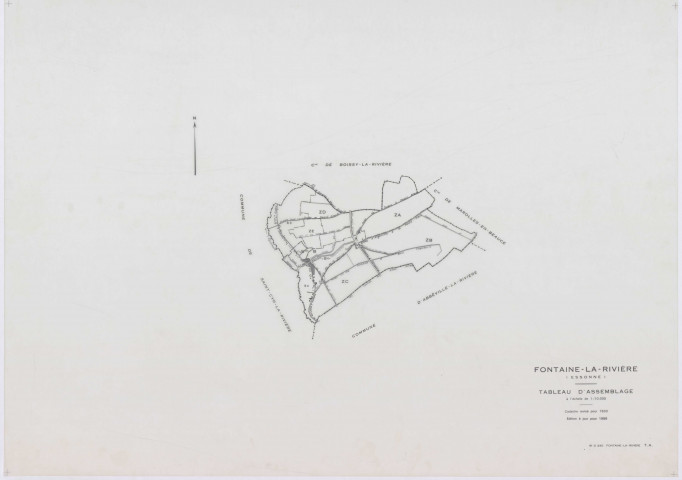FONTAINE-LA-RIVIERE, plans minutes de conservation : tableau d'assemblage, 1933, Ech. 1/10000 ; plans des sections B1, B3, B4, 1933, Ech. 1/1250, sections ZA, ZB, ZC, ZD, 1955, Ech. 1/2000, section ZE, 1986, Ech. 1/2000. Polyester. N et B. Dim. 105 x 80 cm [9 plans]. 