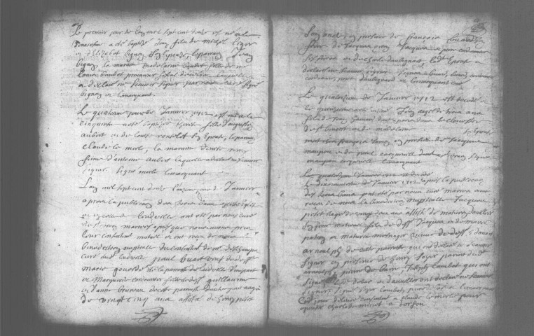 SAINT-VRAIN. Paroisse Saint-Caprais : Baptêmes, mariages, sépultures : registre paroissial (1687-1714). [Lacunes : B.M.S. (1688-1692)]. 
