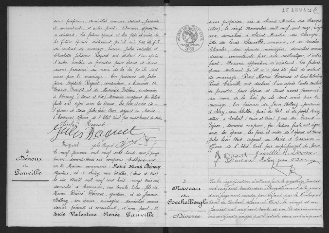 ESSONNES.- Mariages : registre d'état civil. 