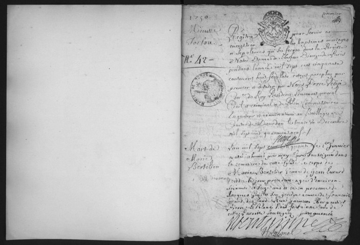 TORFOU - Registres paroissiaux.  -  Registre des baptêmes, mariages et sépultures (1750 - 1759). 