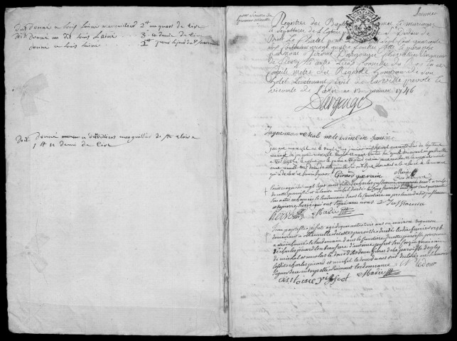 BRUYERES-LE-CHATEL. - Registre parossial : registre des baptêmes, mariages et sépultures (1746-1753). 