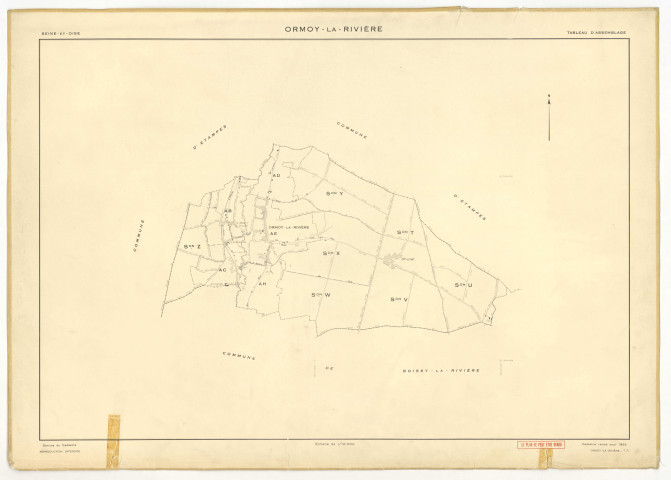 Plans minutes de conservation : ORMOY-LA-RIVIERE : tableau d'assemblage, ech. 1/10000 (1955), sections AB, AC, AD, AE, AH, T, U, V, W, X, Y, Z, ech. 1/2000 (1955), NB, papier, 105x80 [13 plans]. 