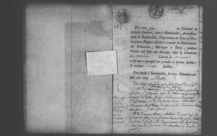 MOLIERES (LES). Naissances, mariages, décès : registre d'état civil (1817-1827). 
