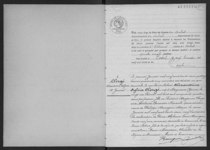 ESSONNES.- Décès : registre d'état civil. 