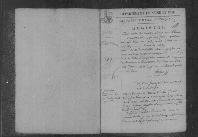 MILLY-LA-FORET. Naissances : registre d'état civil (1809-1824). [Relié en désordre (1814)]. 