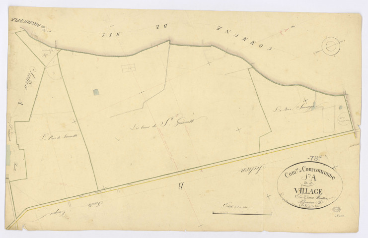 COURCOURONNES. - Section A - Village (le), 1, ech. 1/2500, coul., aquarelle, papier, 62x96 (1823). 