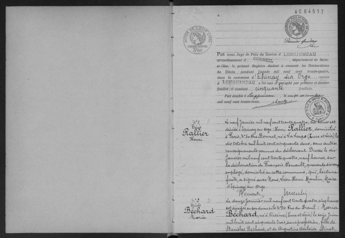 EPINAY-SUR-ORGE.- Décès : registre d'état civil. 