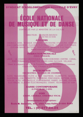 EVRY. - Ecole nationale de musique et de danse : atelier, formation musicale, instrument, danse (1985). 
