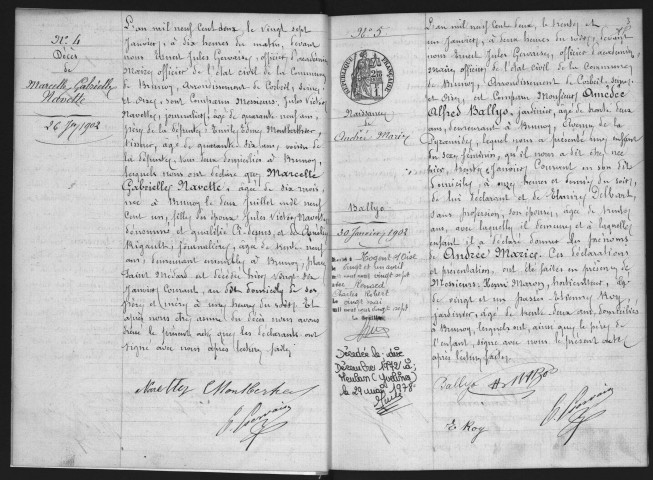 BRUNOY.- Naissances, mariages, décès : registre d'état civil (1902-1903). 