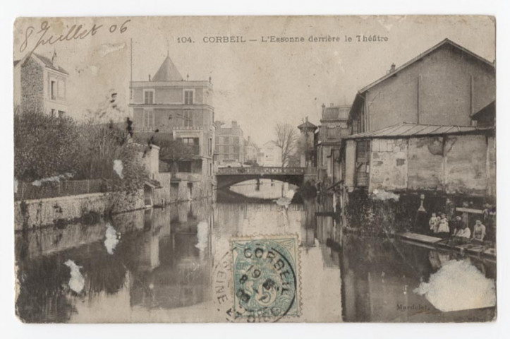 CORBEIL-ESSONNES. - L'Essonne derrière le théâtre, Mardelet, 1906, 3 mots, 5 c, ad. 