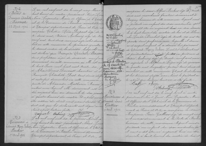 BAULNE.- Naissances, mariages, décès : registre d'état civil (1906-1919). 