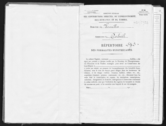 Conservation des hypothèques de CORBEIL. - Répertoire des formalités hypothécaires, volume n° 545 : A-Z (registre ouvert vers 1920). 