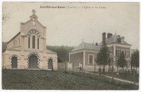 JANVILLE-SUR-JUINE. - L'église et les écoles. Giraux (1906), 6 lignes, 10 c, ad, coloriée. 