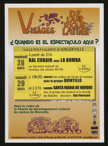 ANGERVILLE. - Concert. Bal cubain : Visages de l'ame rique latine, Salle polyvalente, 28 mars-29 mars 2003. 