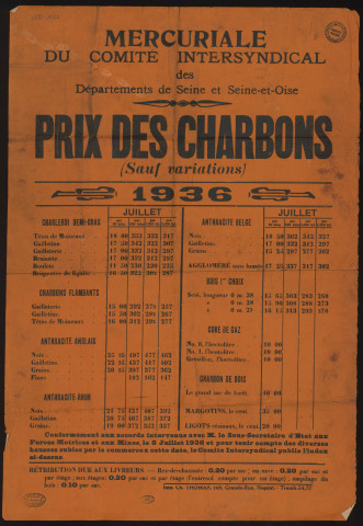 Seine-et-Oise [Département]. - Mercuriale du Comité intersyndical. Prix des charbons (1936). 
