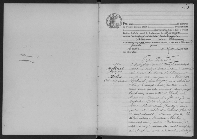 PALAISEAU. - Mariages : registre d'état civil.