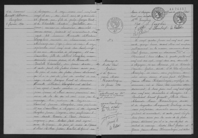 ARPAJON.- Mariages : registre d'état civil (1940). 