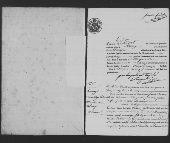 ANGERVILLE. Mariages : registre d'état civil (1848-1860). 