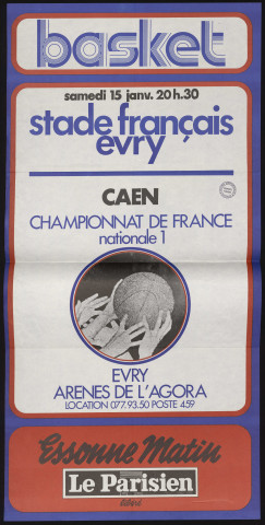 EVRY.- Championnat de France de Basket, nationale 1 : Stade français d'Evry - Caen, Arênes de l'Agora, [15 janvier 1977]. 