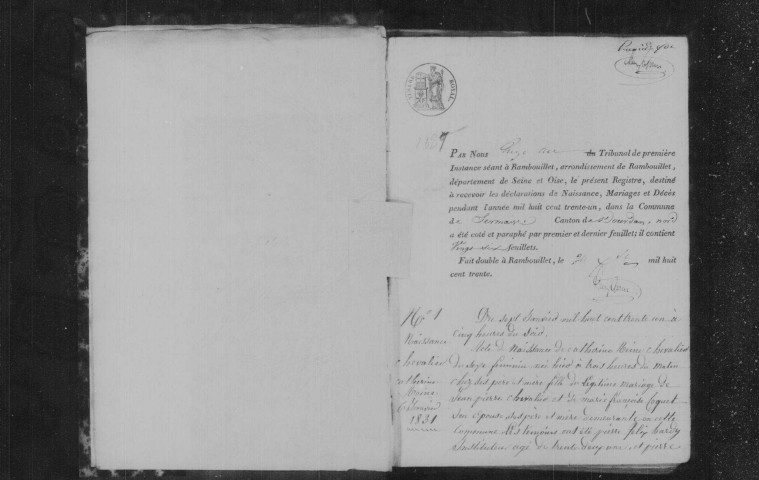 SERMAISE. Naissances, mariages, décès : registre d'état civil (1831-1838). 